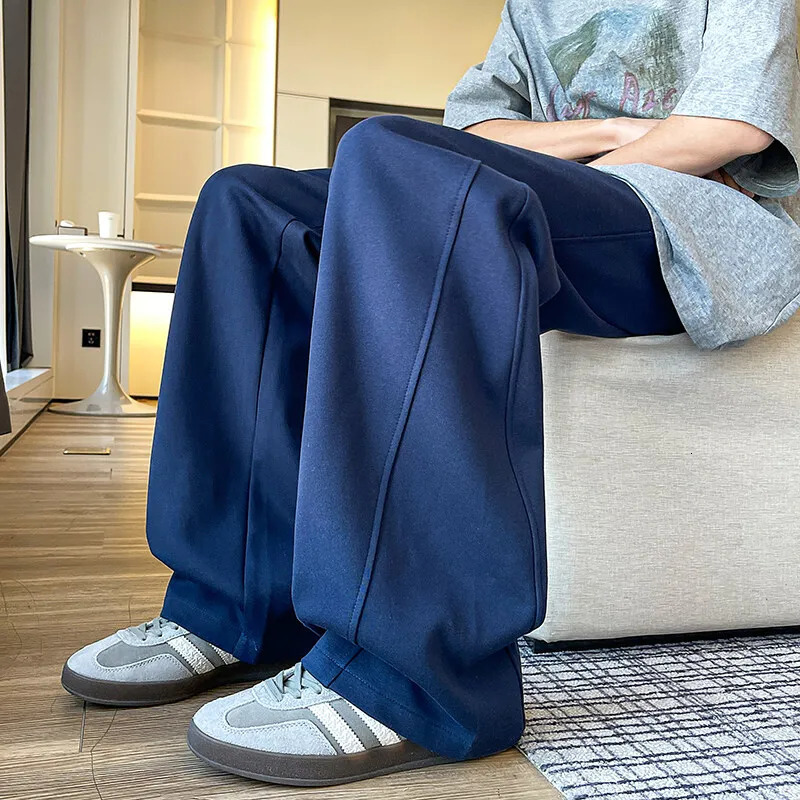 Men Spring Casual Sweatpants Elastic Waist Straight Wide Leg Joggers Plus Size Solid Color Minimalist Patchwork Comfort Pants 250227