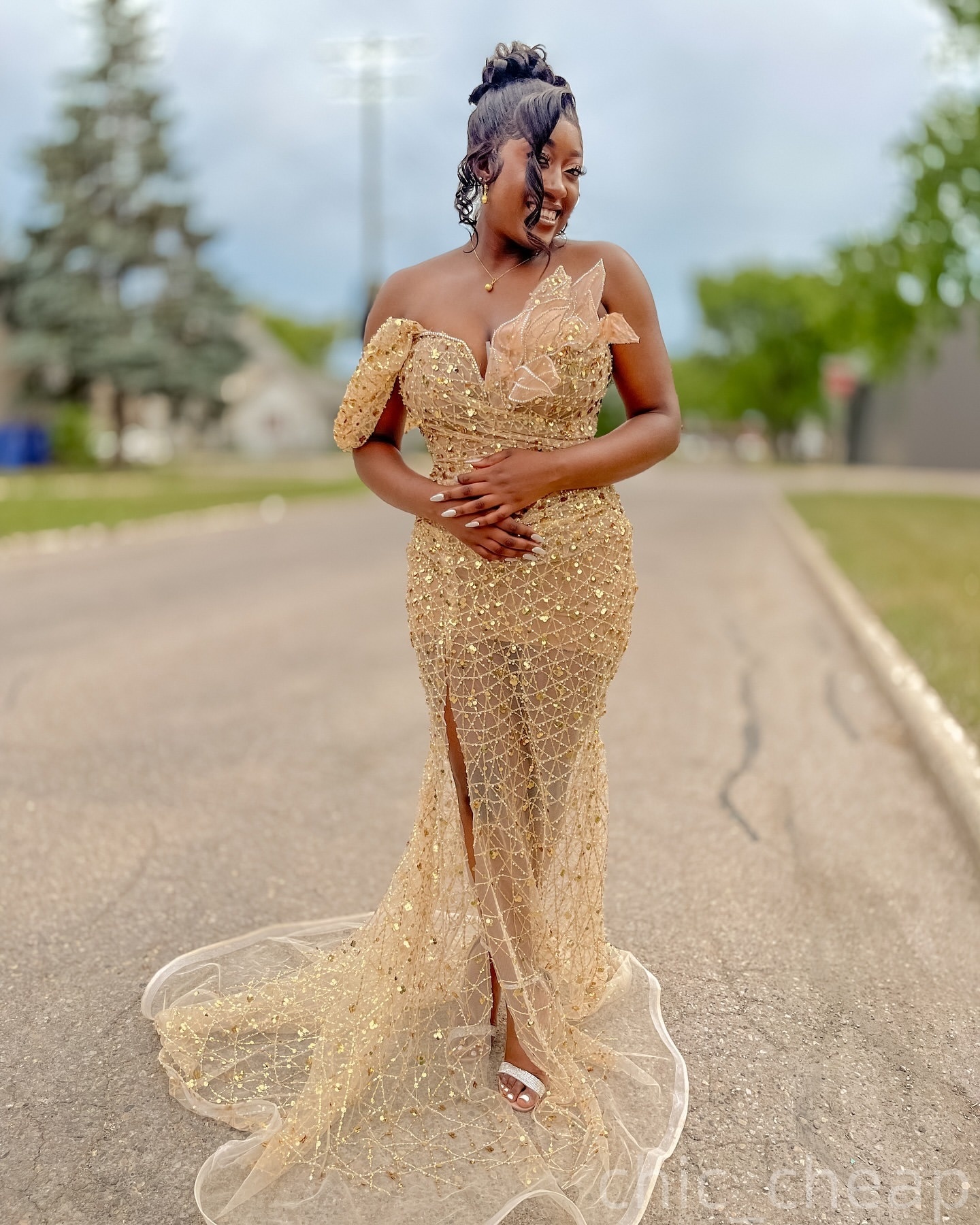 Gold Mermaid Prom Dresses 2025 Florals Sequined Illusion Evening Formal Party Second Birthday Engagement Gowns Plus Size Dress For Special Occasions