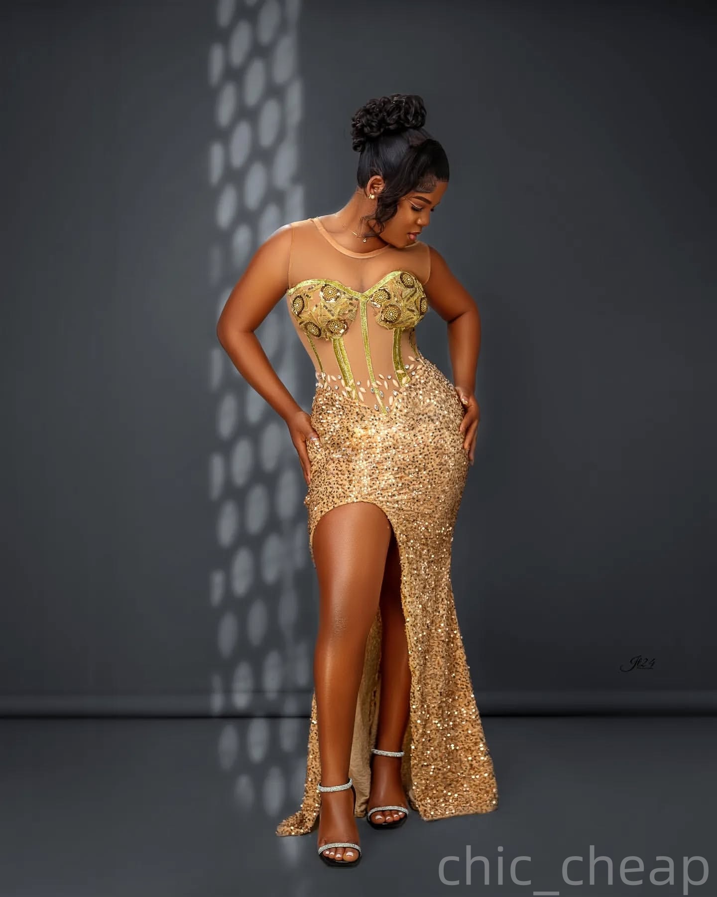 Gold Mermaid Prom Dresses 2025 Crystals Sequined Lace High Split Evening Formal Party Second Birthday Engagement Gowns Plus Size Dress For Special Occ