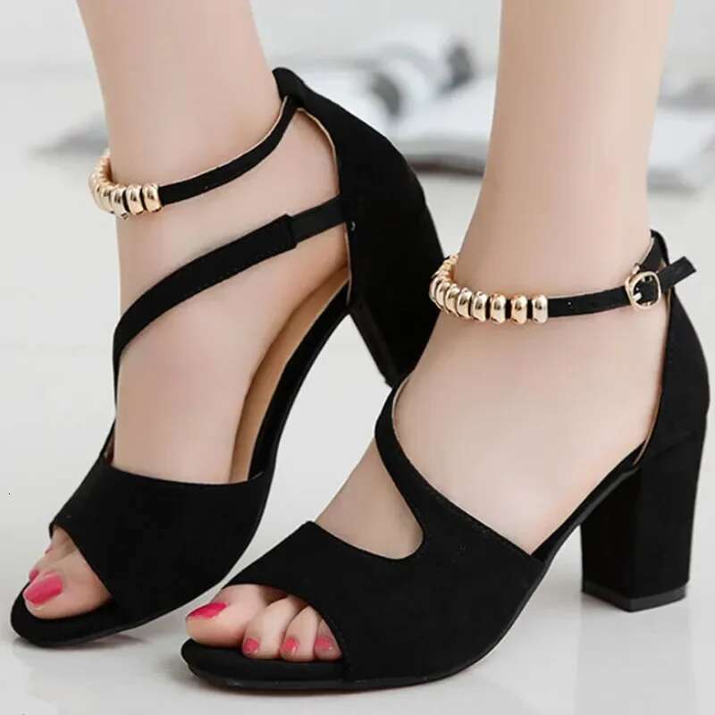 Spring Fish 2025 Mouth Hollow Roman Thick Word With Beaded High Heels Summer Sexy Female Sandals
