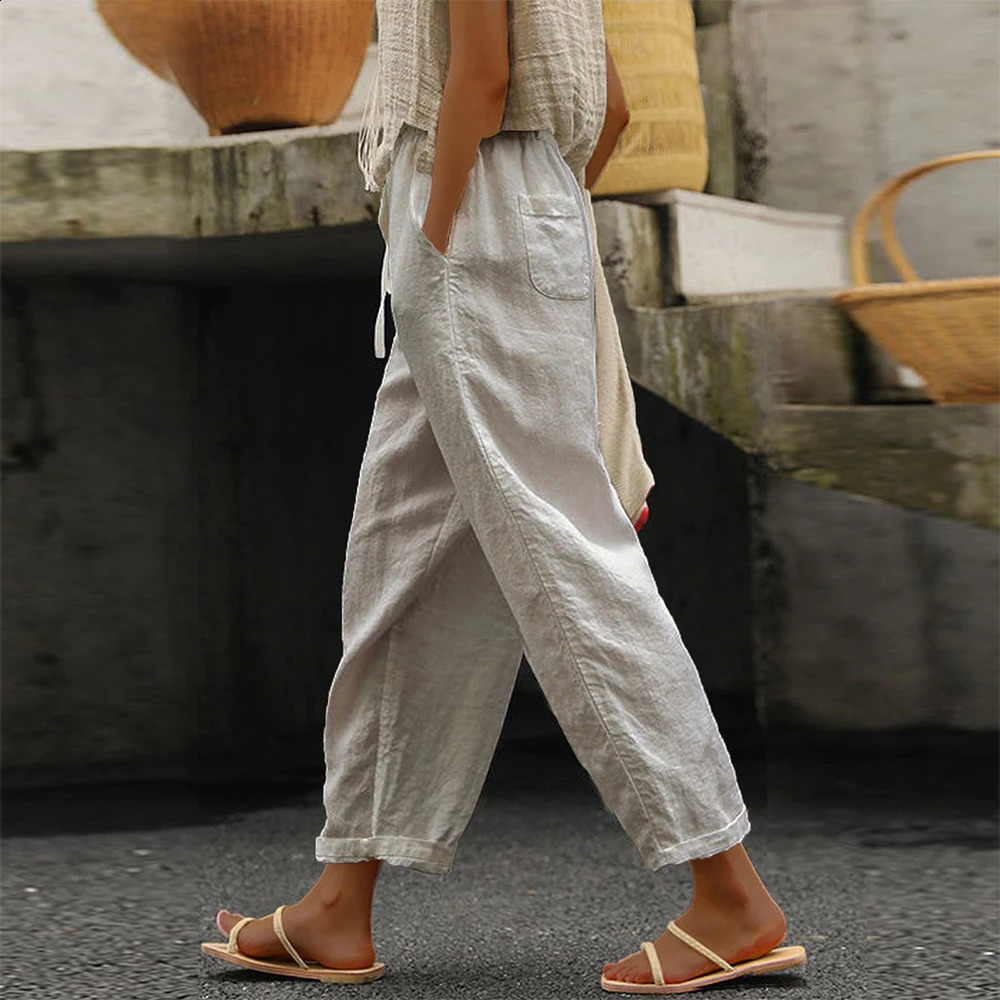Women Simple Casual Trousers Cotton Linen Solid Color Pockets Drawstring Trousers Summer Thin Ladies Elastic Waist Chino Pants 250226