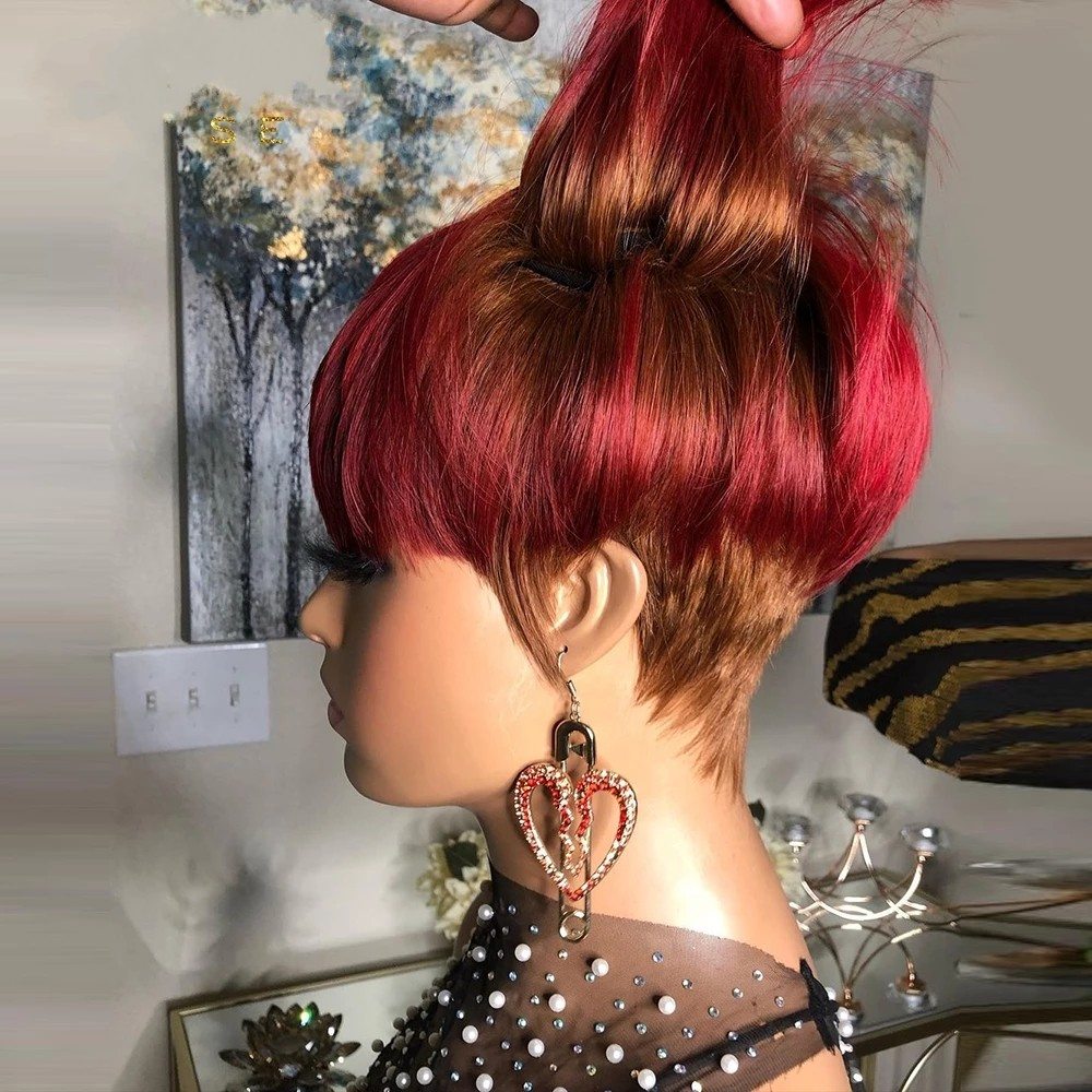 Free shipping 180density Ombre Red Short Bob Straight Wigs with Bangs Brazilian Virgin Pixie Cut Cheap Human Hair Wig for Black Women