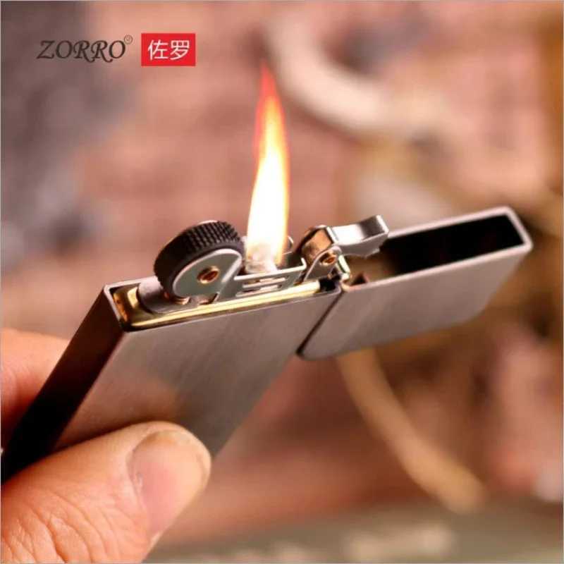 Zorro Windproof Ultra-thin Pure Copper Kerosene Lighter Vintage Engraved Wheel Metal Lighter Mens Smoking Accessories Gadgets Y250228