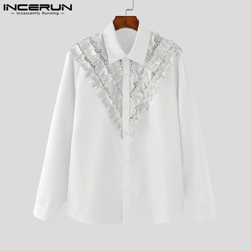 Fashion Well Fitting Tops INCERUN Mens Spliced Ruffled Edge Hollow Shirt Male Casual All-match Long Sleeved Blouse S-5XL 250224