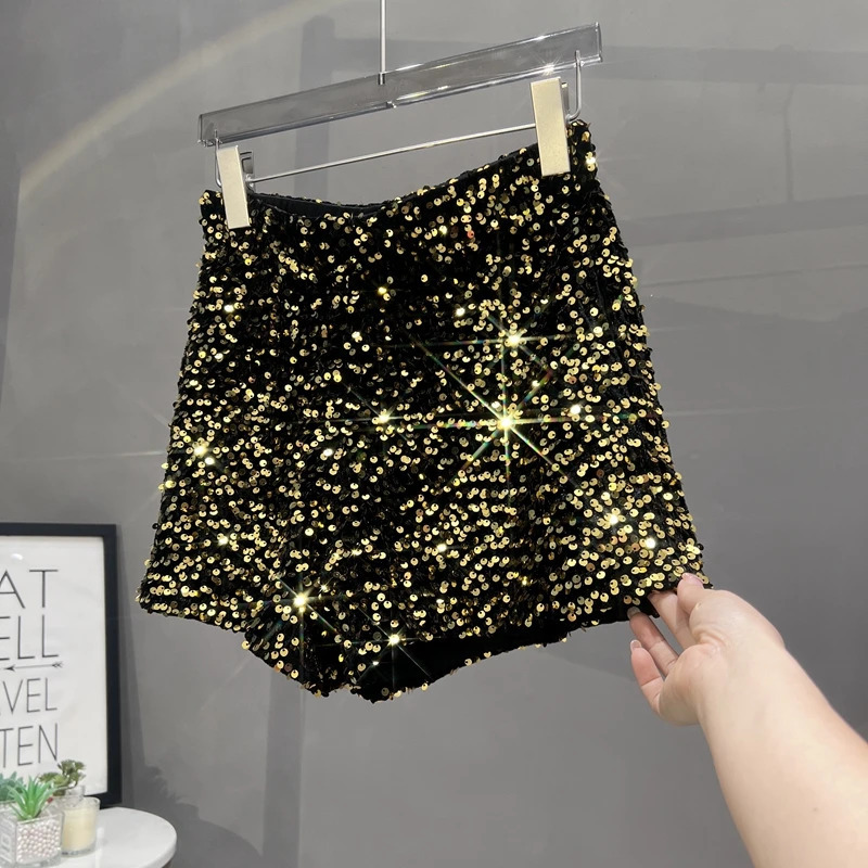 Europe and America Sequined Black Shorts Slim Suede Embroidered Beads Grey Casual Pants Womens Pants 250227