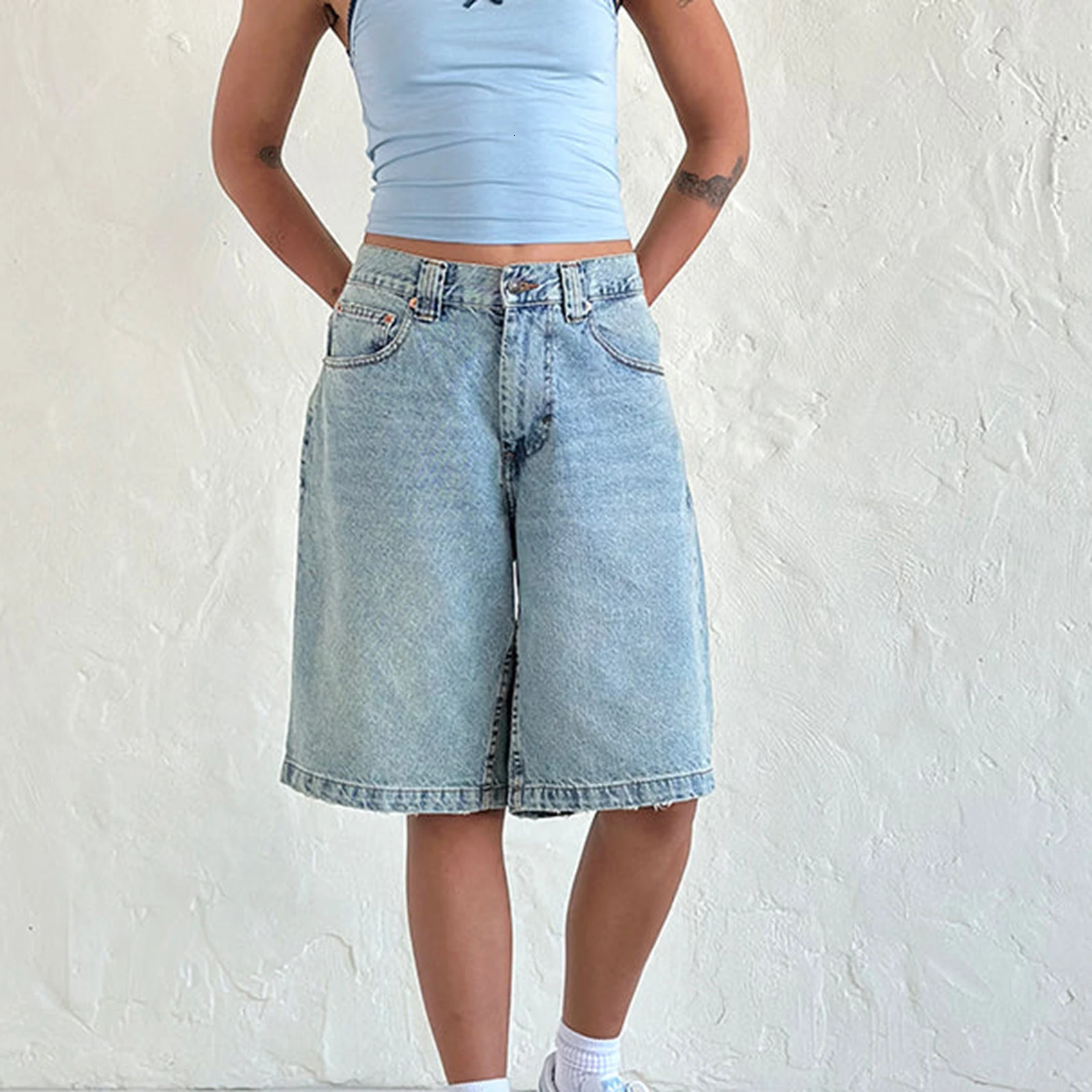 Imcute Women Baggy Denim Bermuda Shorts Y2k Vintage Straight Leg Denim Shorts Casual Knee Length Jean Jorts with Pockets 250227