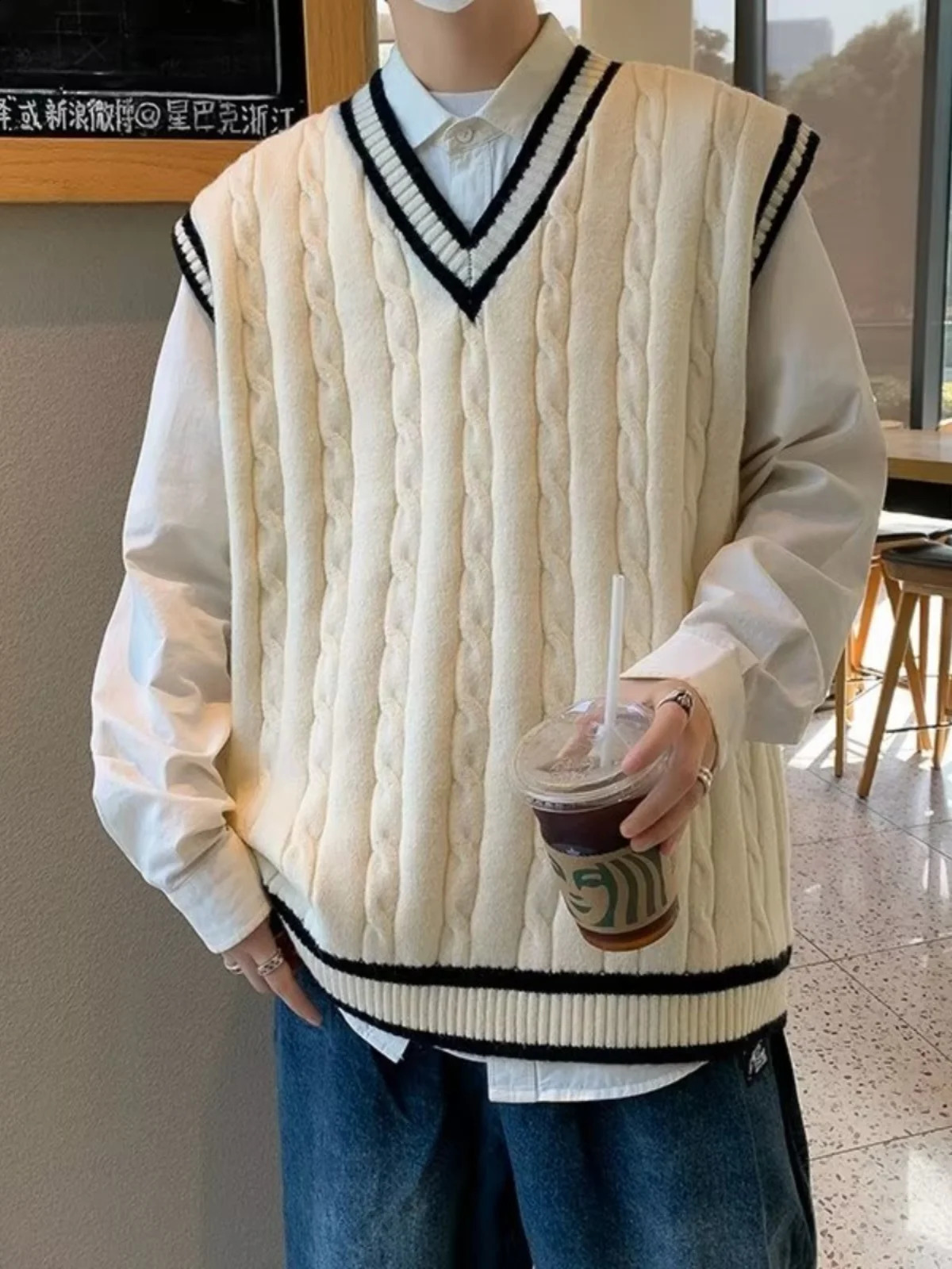 2024 Spring Autumn Men Uniform Vest Fashion V Neck Pullover British Student Sleeveless Waistcoat Knitted Tops Sweaters C119 250228Z