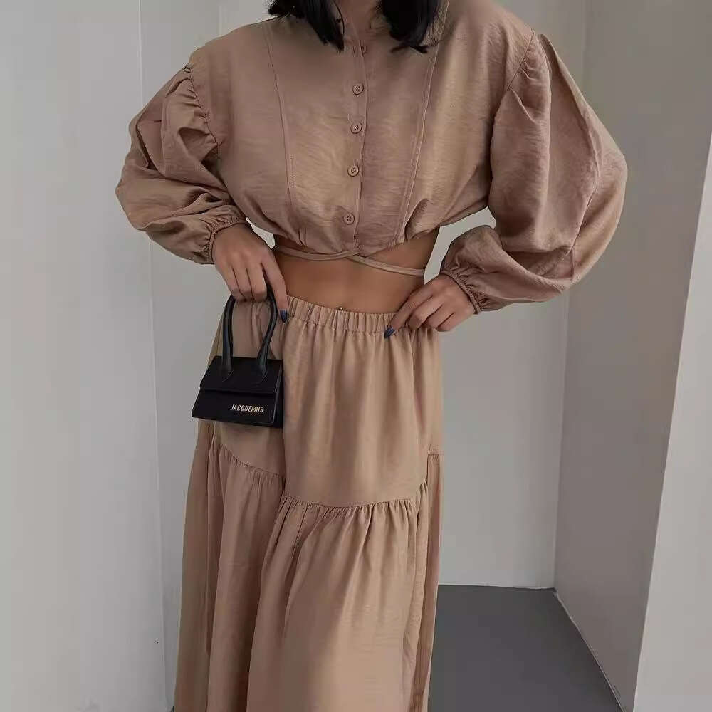 2024 European and American new lace up long sleeved top pleated split skirt set