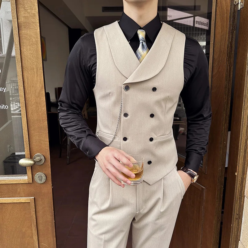 High Quality Autumn Double Breasted Suit Vest Men Business Formal Sleeveless Slim Fit Wedding Groom Banquet Party Waistcoat 250228Z