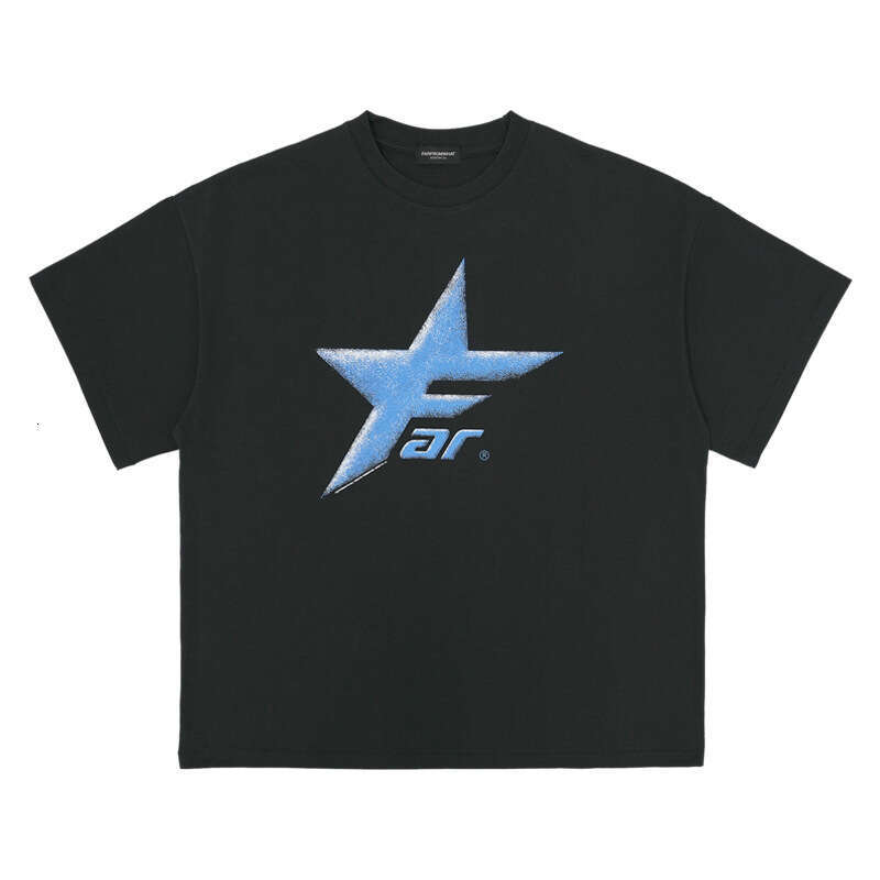 Far Archive Inverted Letter Star Print Small Trendy Brand Washed Vintage Vibe Style Short Sleeve T-shirt
