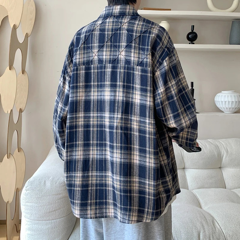 Autumn long sleeved mens retro plain shirt street clothing Korean loose casual size 5XL 250226