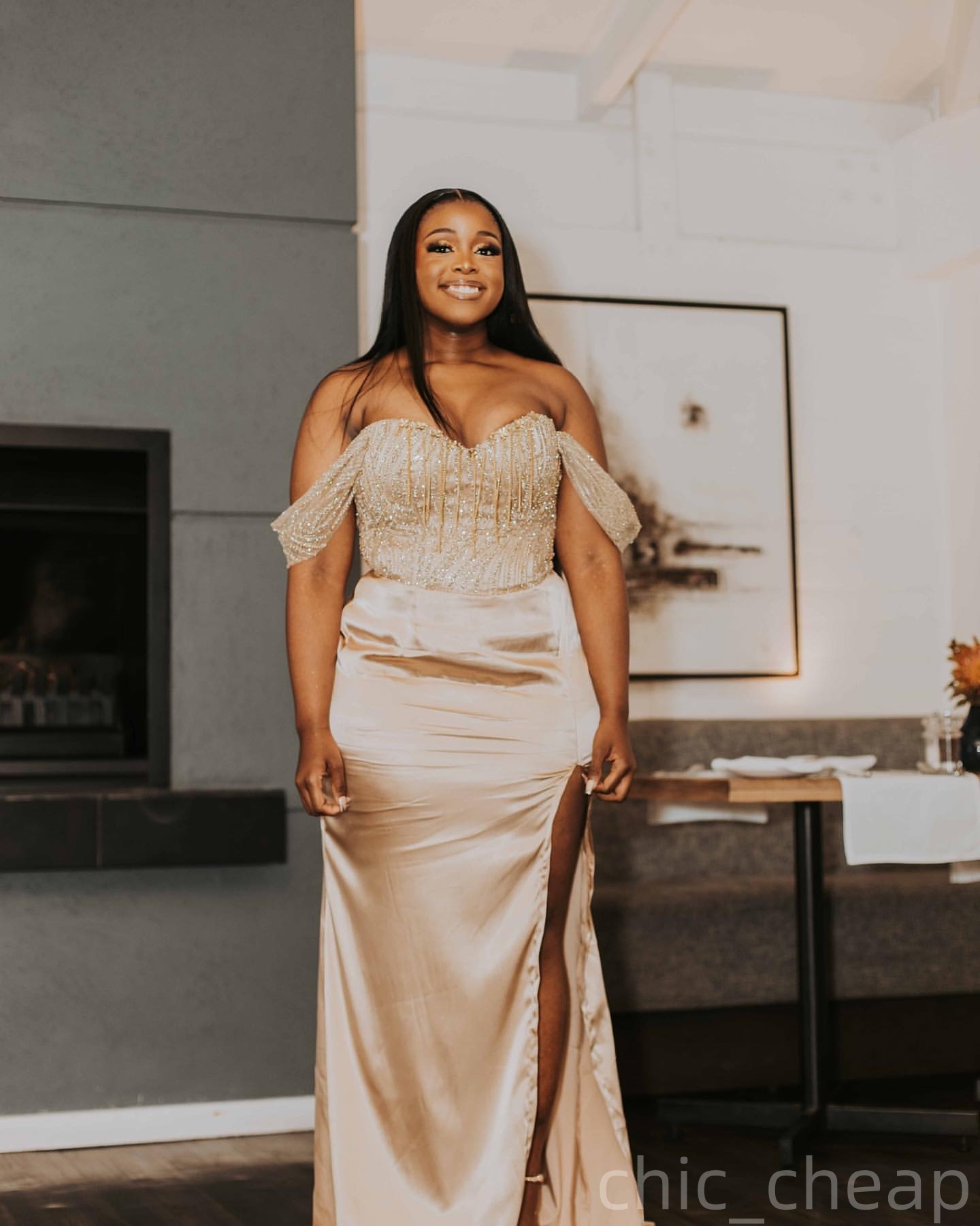 Champagne Mermaid Prom Dresses 2025 Satin Sequined Beading High Split Evening Formal Party Second Birthday Engagement Gowns Plus Size Dress For Specia