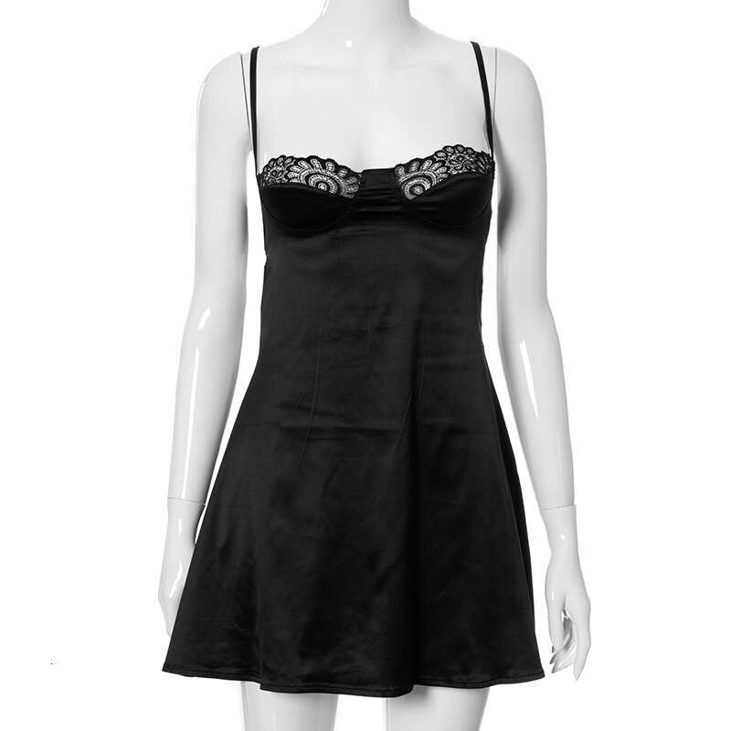 X21DS213 European and American women's 2021 summer solid color backless suspender lace short dress 2025 new casual versatile fashion clothing