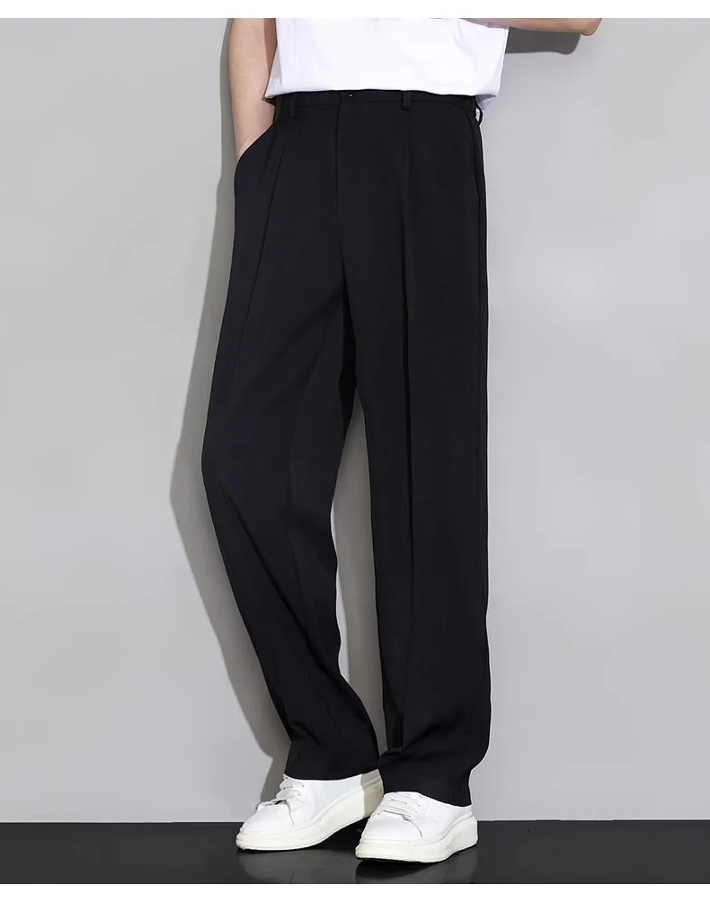Suit Trousers Casual Men Summer Ice Silk Style Fashionable Loose Straight Wide-leg Trousers 250227