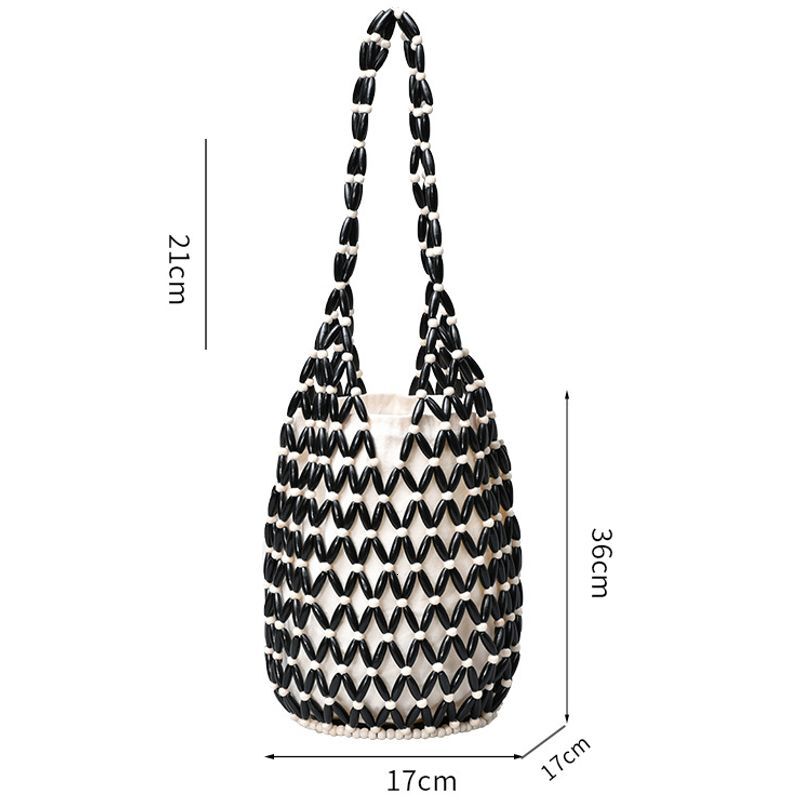 Woven for women with summer European and American niche design, hollowed out wooden bead bag, portable bucket shoulder bag
