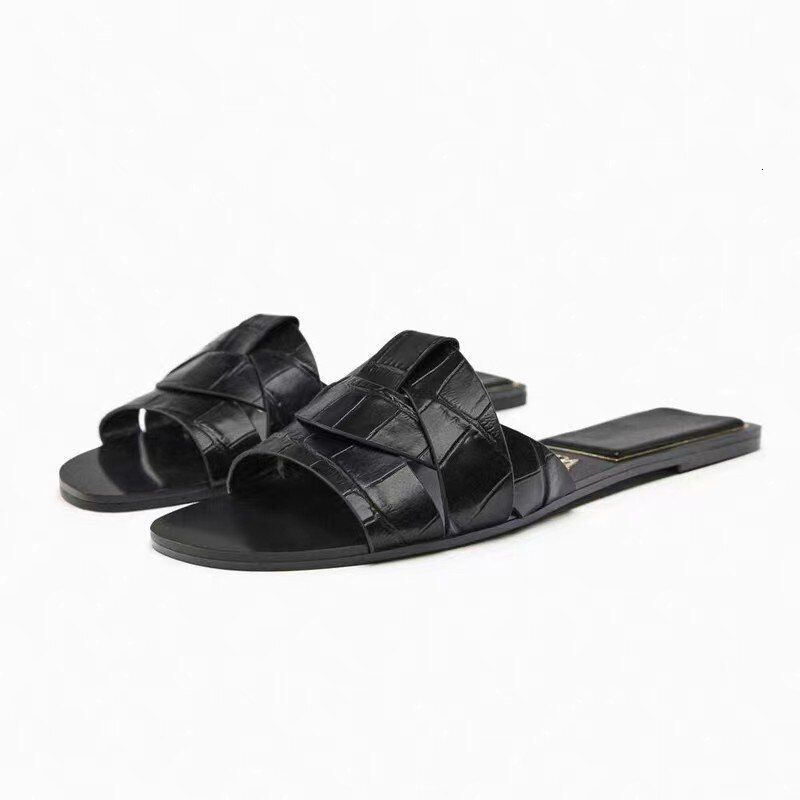 2025 New Brand Slippers Peep Toe Flat Shoes Woman Casual Slides Ladies Summer Sandals Shallow Low Heel Orange Brown Black