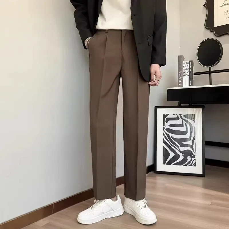 Suit Trousers Casual Men Summer Ice Silk Style Fashionable Loose Straight Wide-leg Trousers 250227