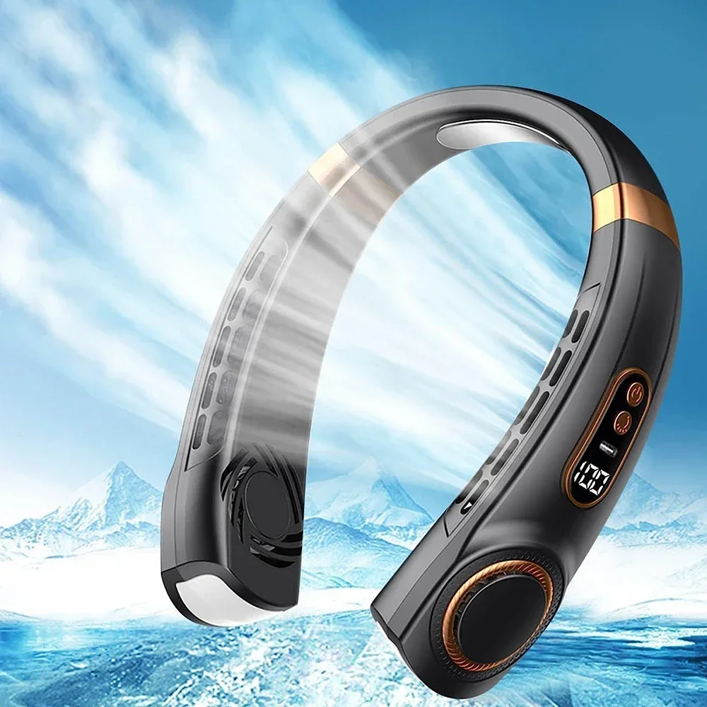 2025 New Portable Neck USB Handheld Mute LED Digital Display Leafless Mini Electric Fan Colorful Atmosphere Lights 5th Gear