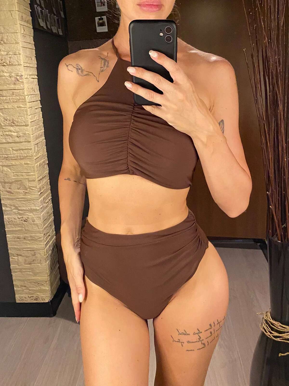 Halter Wrinkled Neck Female Swimsuit High Waist Women Swimwear Two-Pieces Bikini Set Bather Bathing Suit Swim V5616
