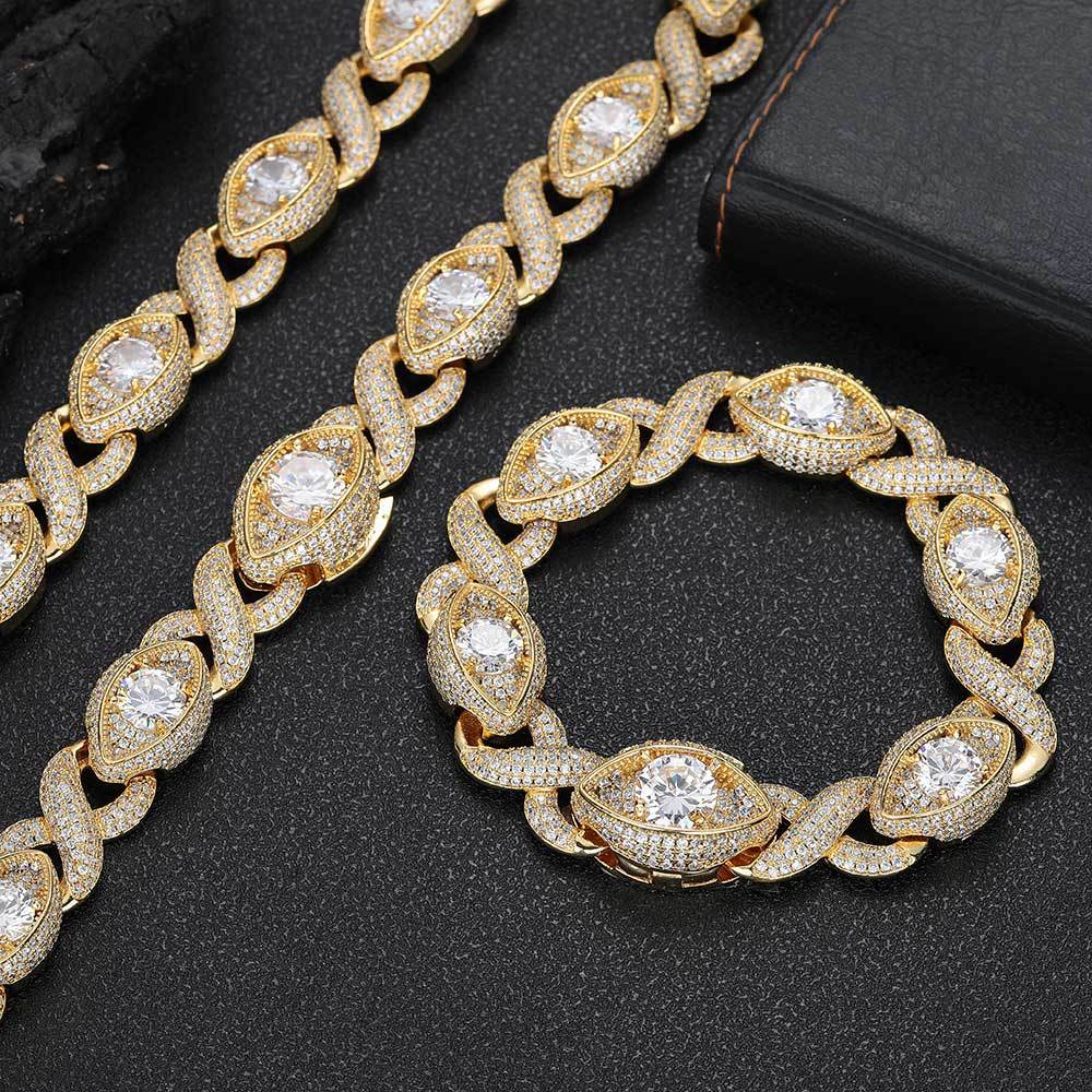 15mm Hip Hop High Eye Infinite 8 Shape Cuban Chain Necklace Bracelets 5A Zircon 18k Gold Plated Jewelry