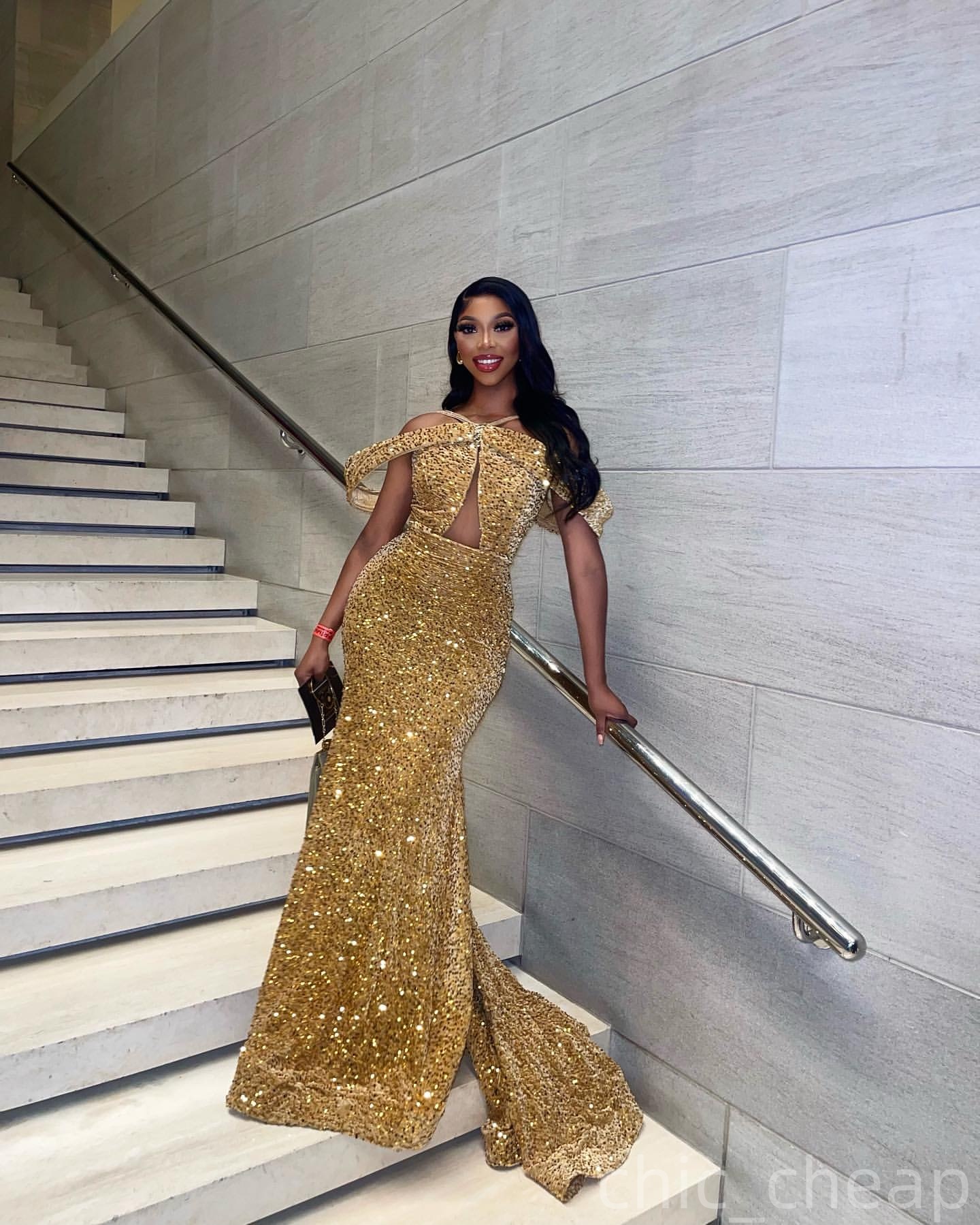 Gold Mermaid Prom Dresses 2025 Simple Sequined Spaghetti Evening Formal Party Second Birthday Engagement Gowns Plus Size Dress For Special Occasions Z