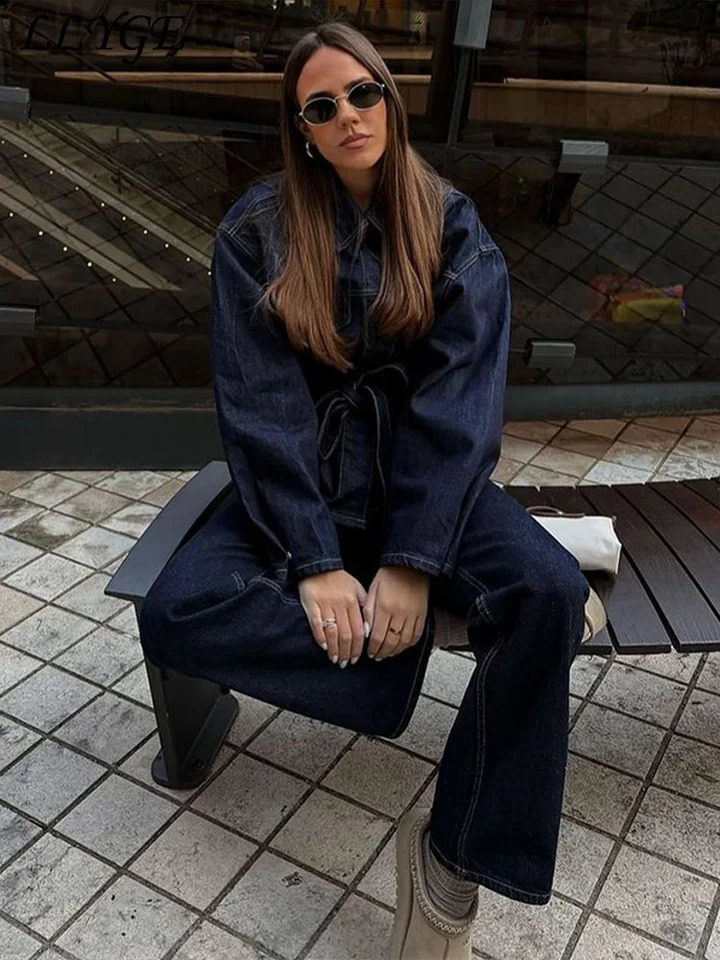 Retro belt denim jacket pants set womens lapel single chest pocket straight jeans spring streetwear 250228