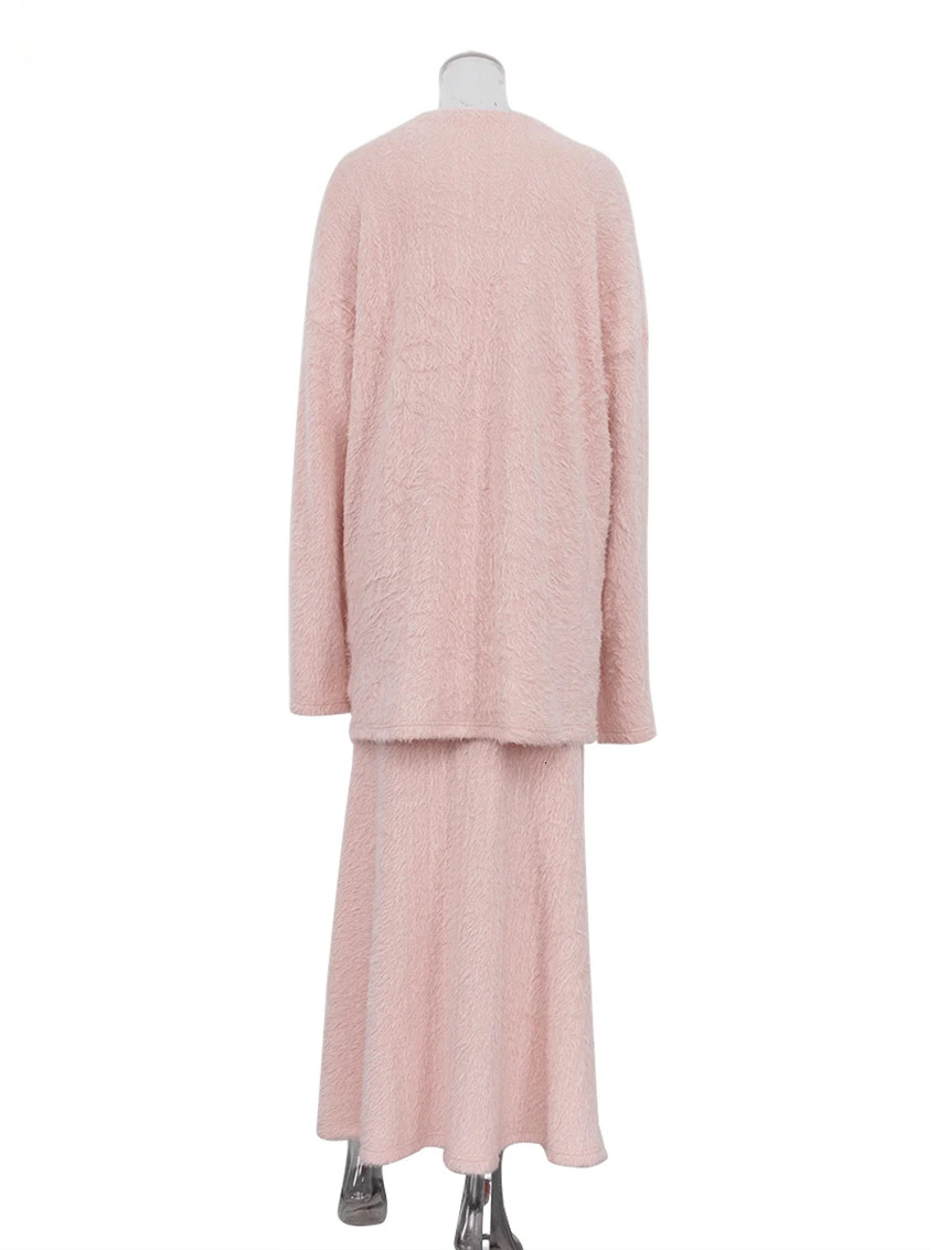 Casual Loose Pink 2 Piece Sets Women Outfit 2024 Elegant Long Sleeve Shirt With High Waist Ankle Length Skirt Set Female