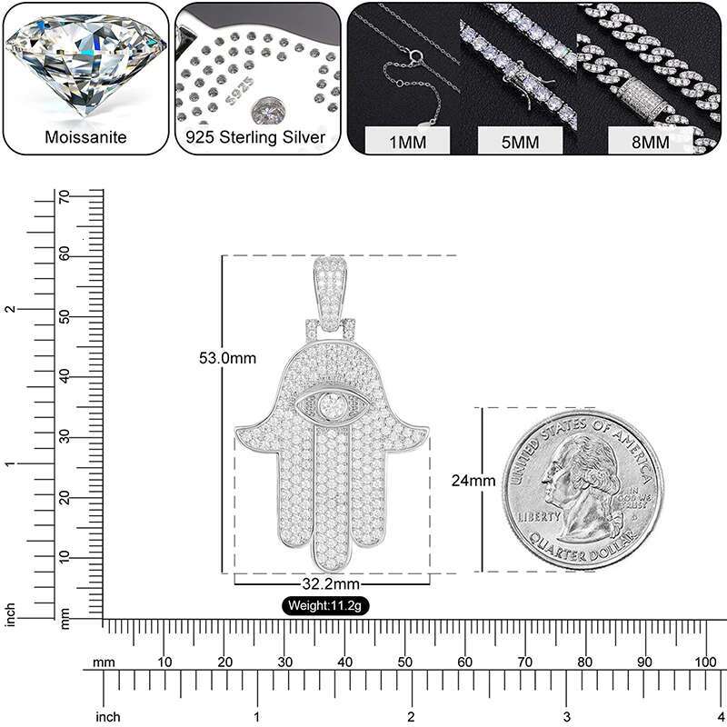 D VVS Moissanite Hamsa Hand Evil Eye Pendant Necklace For Women Men Iced Out Cuban Chain Sterg Sier Hip Hop Jewelry