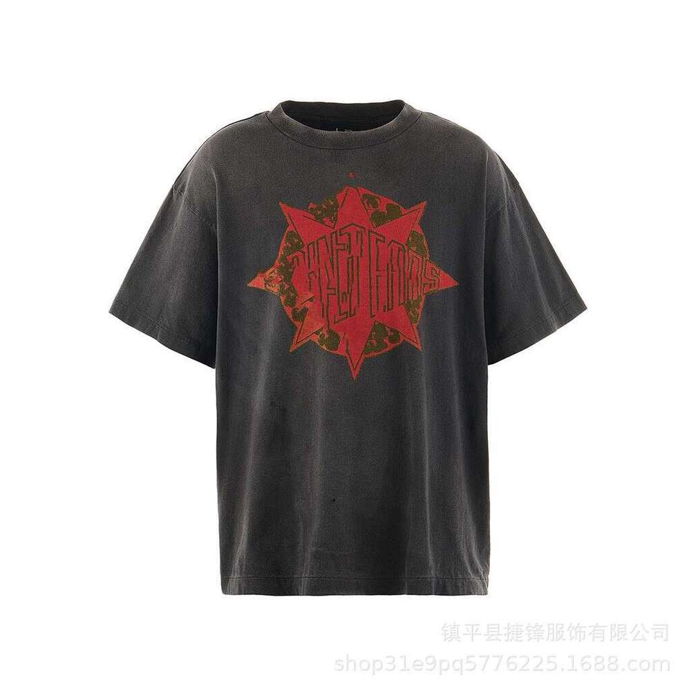 New trendy washed vintage graffiti loose casual round neck short sleeved unisex T-shirt
