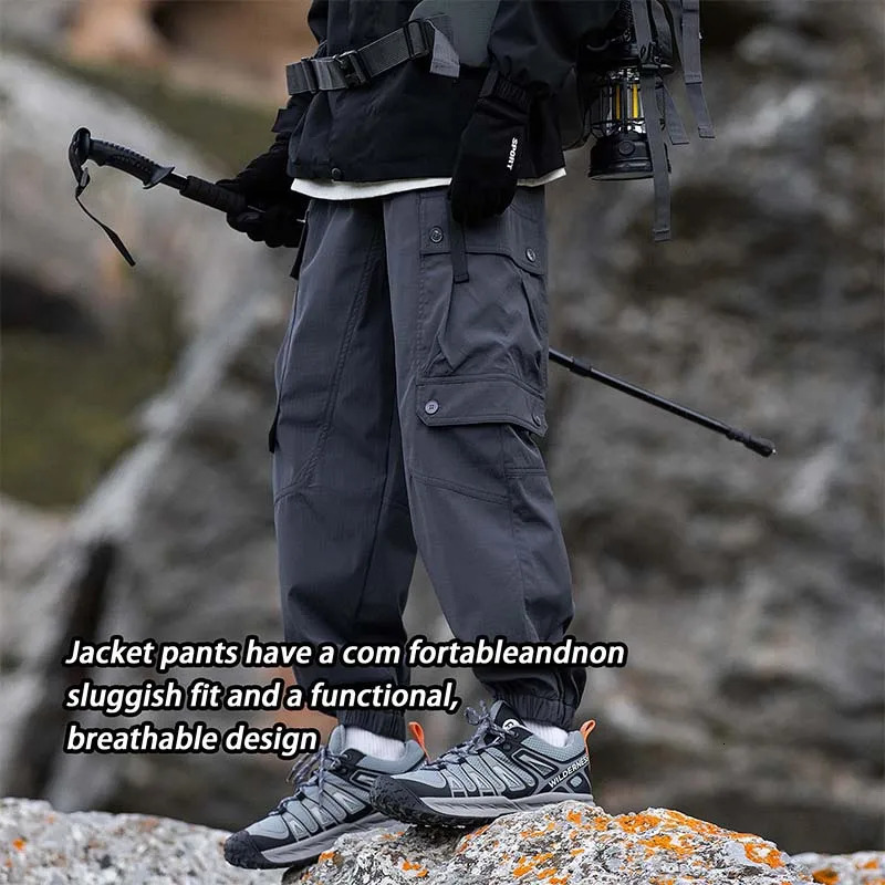 Mens Waterproof Hiking Pants Breathable Antifouling Loose Fit Cargo Pants Elastic Waistband Casual Camping Sport Pants 250227