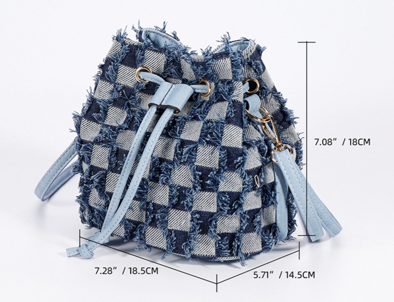 Le & Bs Cross border high end denim drawstring women's European and American one shoulder fashion bucket messenger