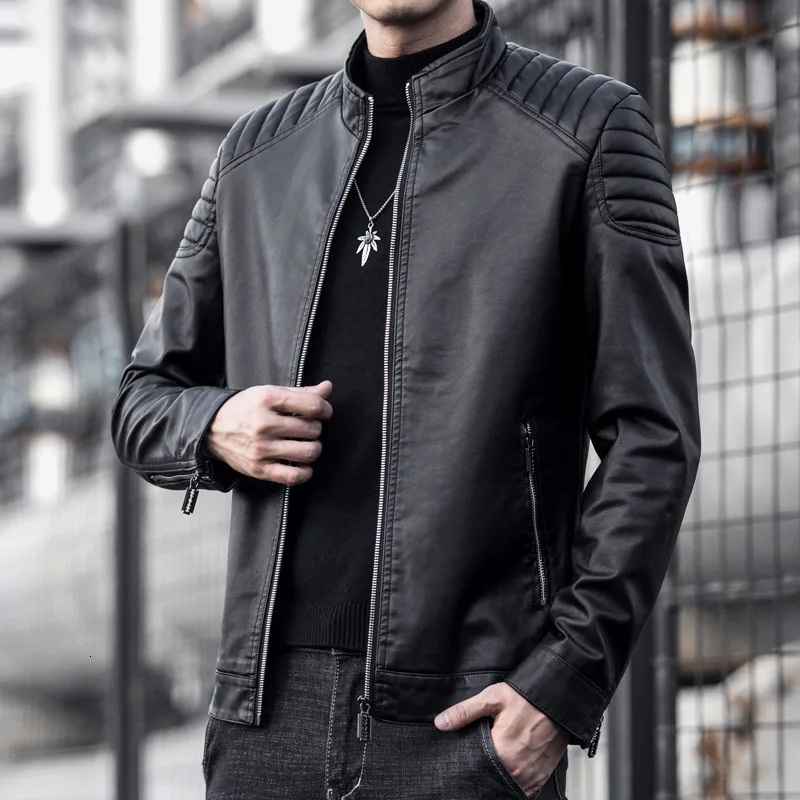 2024 Moto Pu Leather Jacket Men Winter Leahter Male Stand Collar Casual Windbreaker Trendy Mens Clothing Black Blue 250225