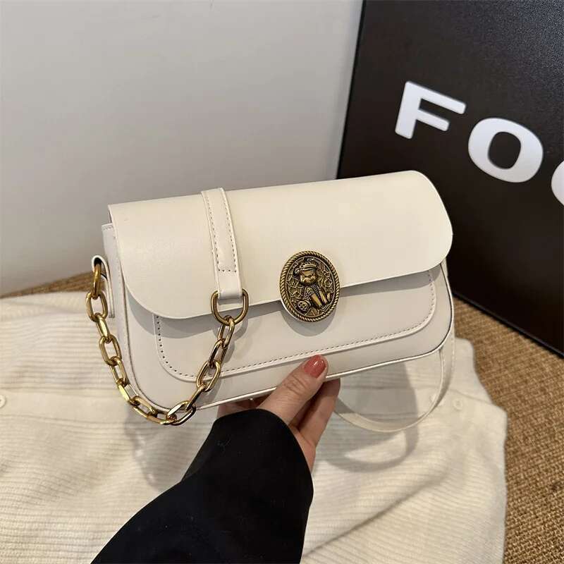 Vintage Solid Color Shoulder Fashion With Cover Girls Underarm Fine Buckle Design Ladies Bag Metal Decoration PU M