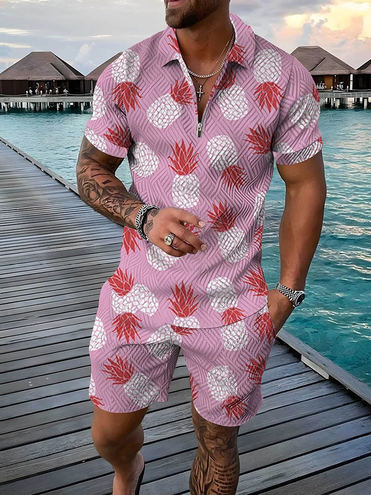 Summer Tropical Fruit 3D Print Mens Zipper Collar Tracksuit Trend Polo Shirt Fashion Shorts 2pcs Sets Mens Streetwear Set 250224