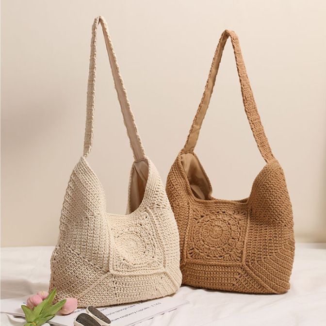 2025 High end single shoulder large capacity cotton thread with hollowed out flower grass woven vacation style beach bag, versatile women's bag #