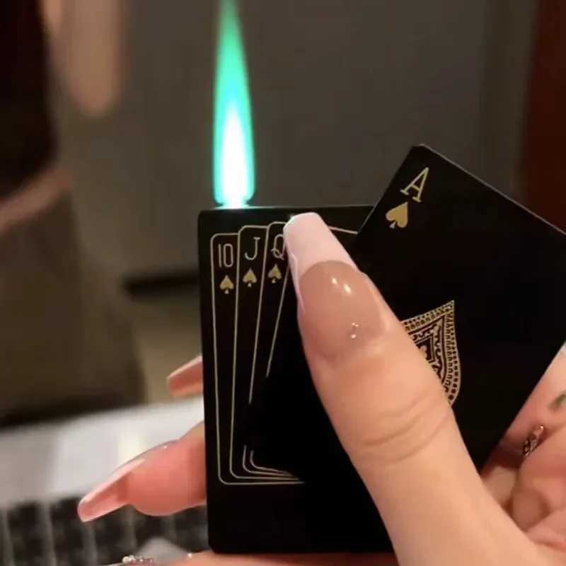 Creative Playing Cards Ace of Spades Lighter Butane Windproof Straight Metal Lighter Metal Fun Toy for Men Smoking Accessories Y250228