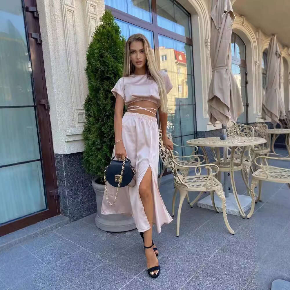 2024 European and American new short sleeved top split skirt solid color commuting two-piece set