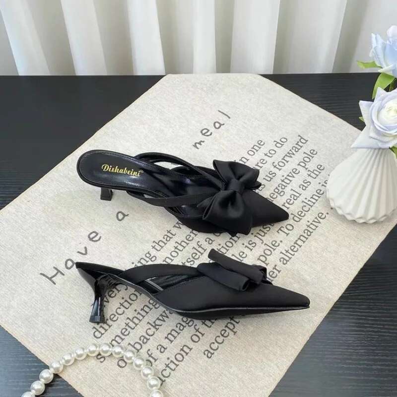 Fairy Style Pink Cool for Summer French Pointed Bow Hollow High Heels, Half Wrapped Women's Slippers