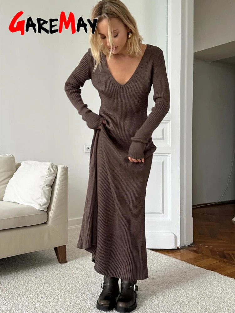 Winter Warm Womens Knitted Dress Elegant V-neck Thick A-line Dress Brown Long Sleeve Retro Midi Womens Casual Dress 250226