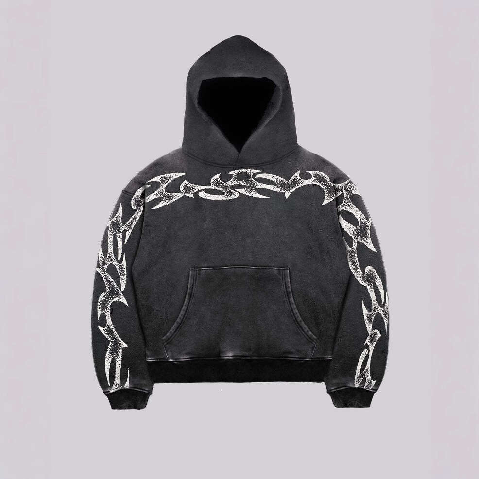 Washed Totem Printed Personalized Hip Hop Rock Dark Men's and Women's Gothic Loose Round Neck Hoodie
