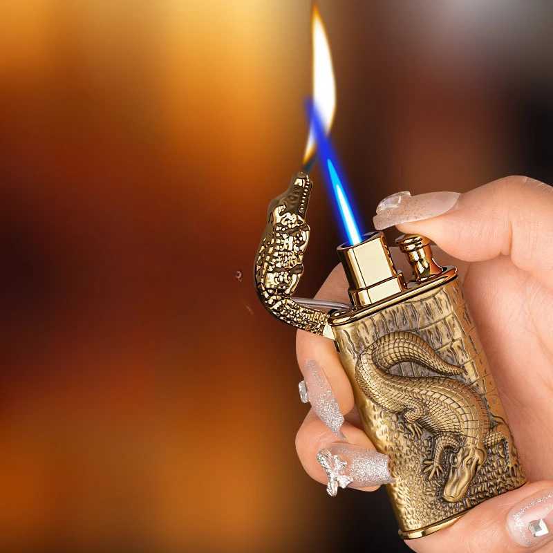 2024 3D Relief Dragon Crocodile Double Fire Lighter Metal Windproof Jet Fire Open Fire Conversion Gas Lighter Smoking Mens Gift Y250228