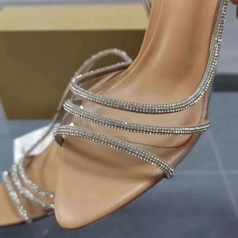 High Designer Summer Heel Sandals for Lady Glitter Pointed Peep Toe Transparent PVC Woman Shoes
