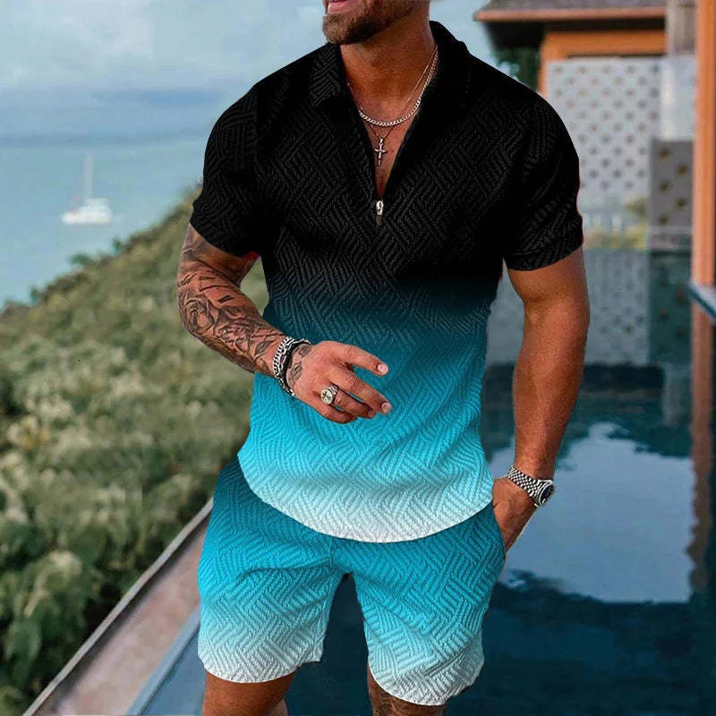 Trend Man Pullover Clothing Solid Color Gradient Print Mens Sweatsuit Set Summer Casual Zipper Polo Shirt Shorts 2pcs Sets 250224