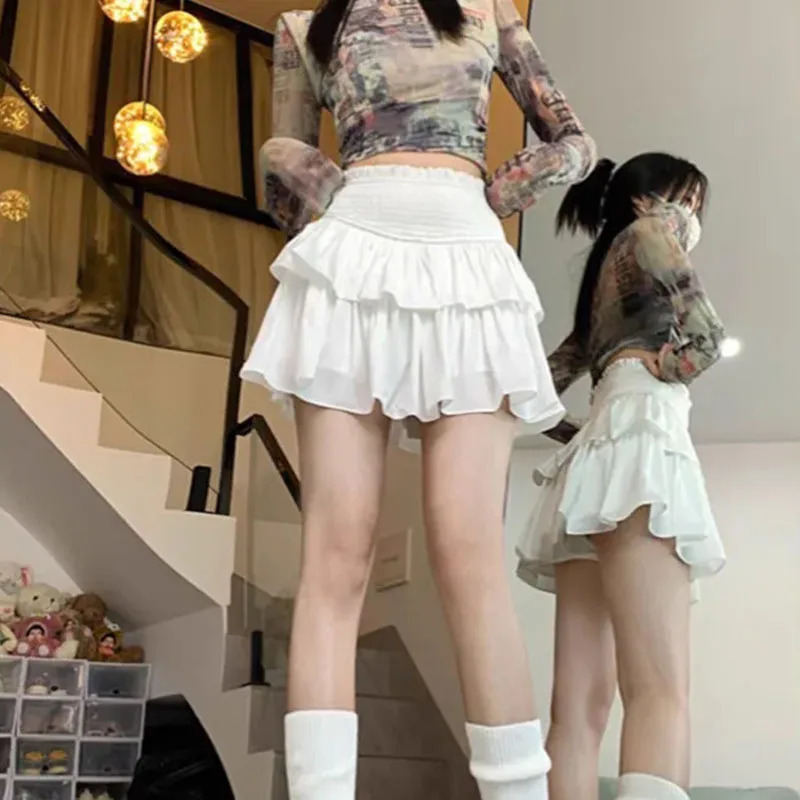 Gidyq Sweet White Mini Skirt Women Korean Fashion Preppy Ball Gown Kawaii Ladies Ballet High Waist Skirt Spring Summer 250227