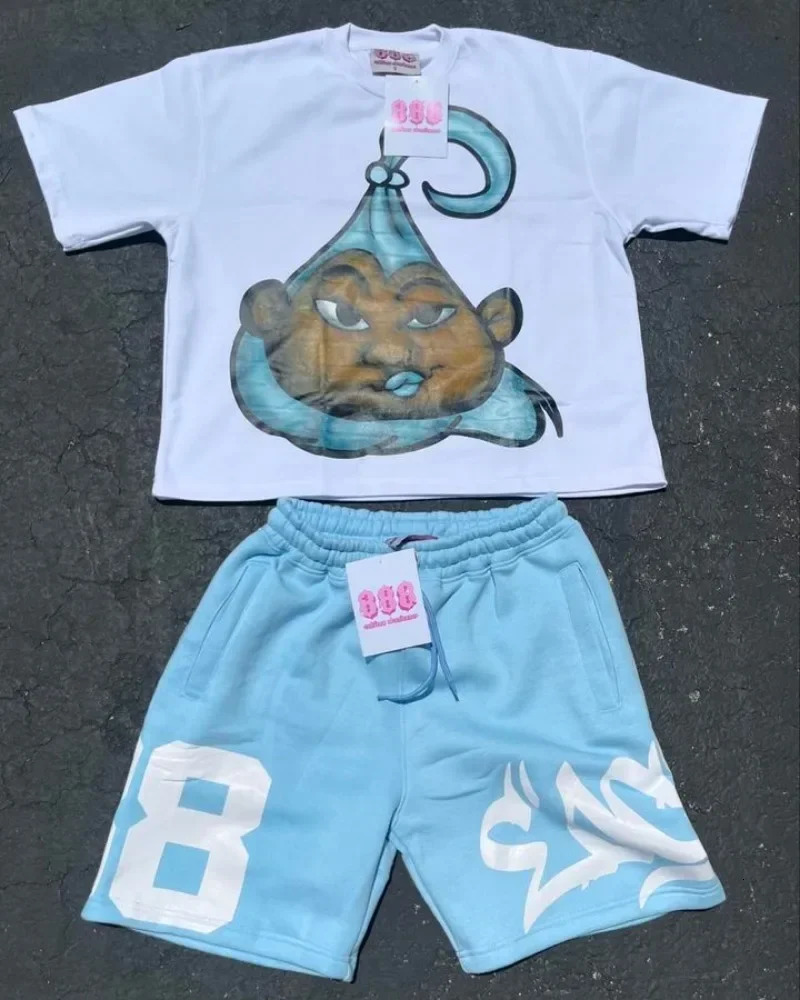 Cartoon pattern T-shirt and shorts two-piece set mens Y2K cotton printed T-shirt casual Harajuku hip-hop short sleeved street clothing 250225
