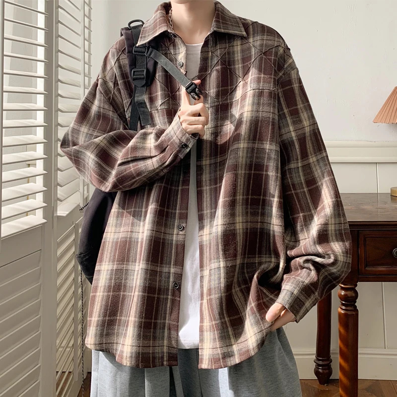 Autumn long sleeved mens retro plain shirt street clothing Korean loose casual size 5XL 250226