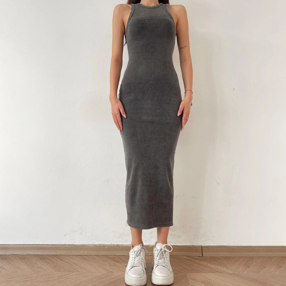 Solid Basic Retro Sleeveless Strapless Tight Womens Summer Knitted Dress Casual Sexy Ultra Thin Hip cover Midi Womens Dress 250226