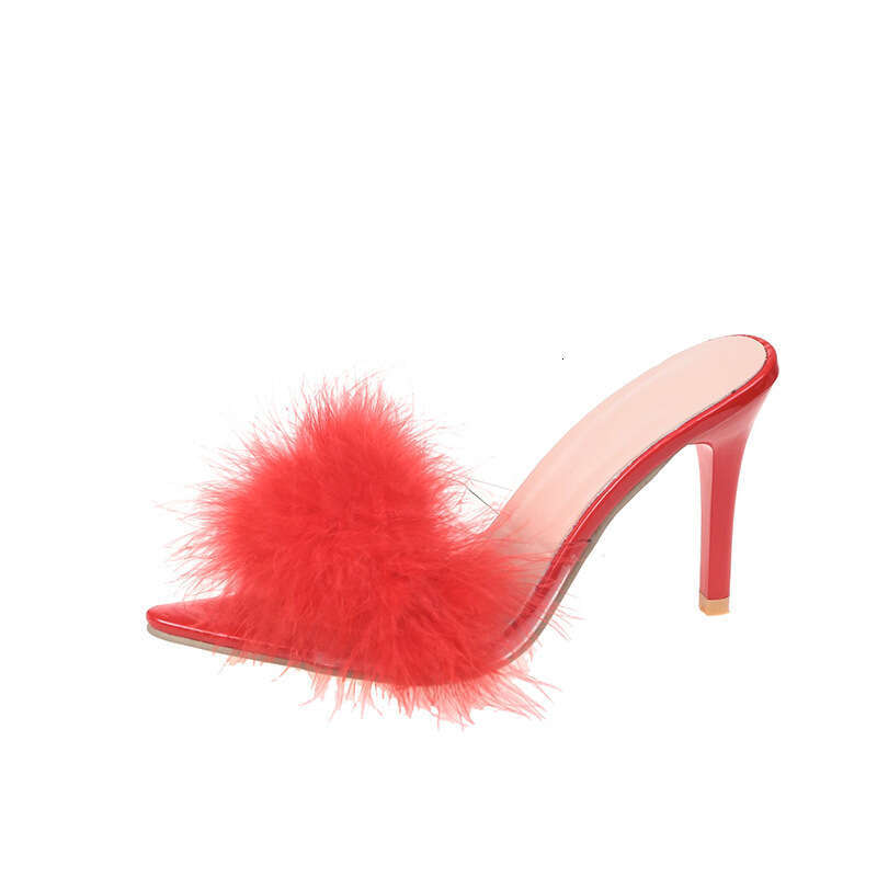 Fashion Summer Feather Peep Toe Mules Sandals Pumps Woman PVC Transparent Perspex Crystal High Heels Lady Slides Shoes