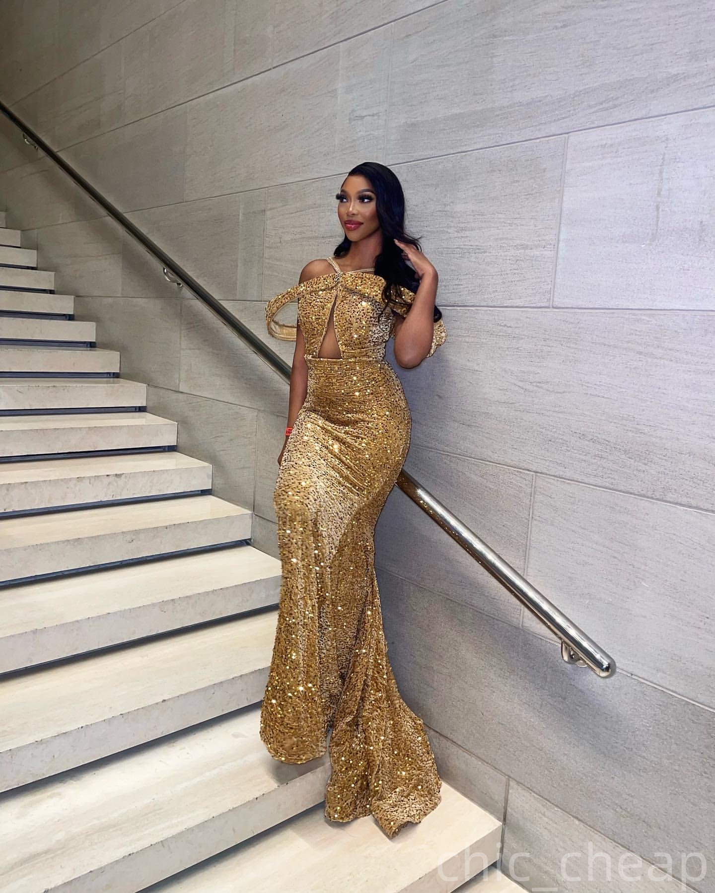 Gold Mermaid Prom Dresses 2025 Simple Sequined Spaghetti Evening Formal Party Second Birthday Engagement Gowns Plus Size Dress For Special Occasions Z