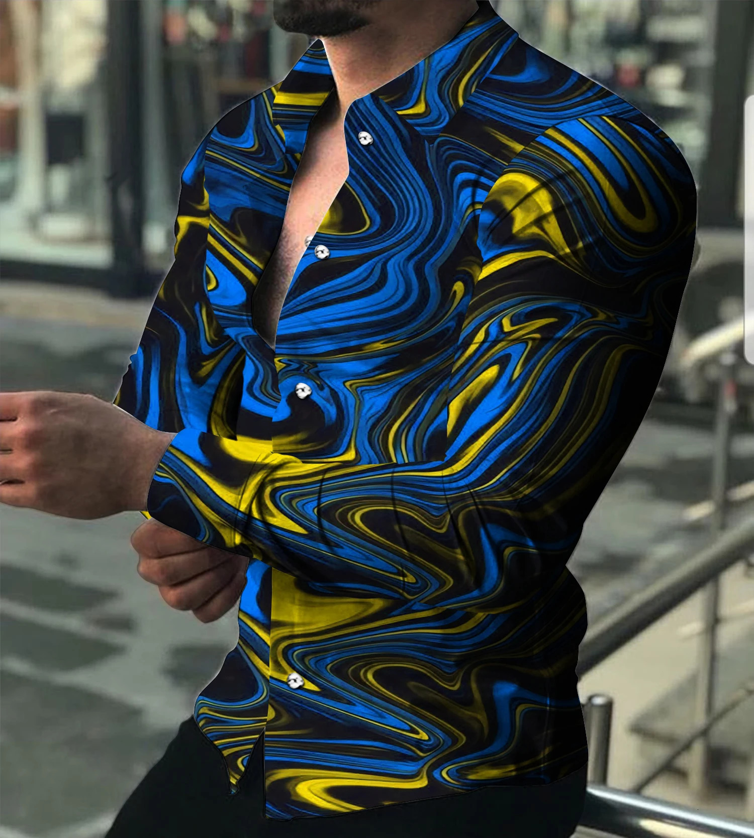 2023 Autumn Fashion Social Mens Shirt Polo Button Casual Western Print Top Prom Cardigan Plus Size M3XL 250226